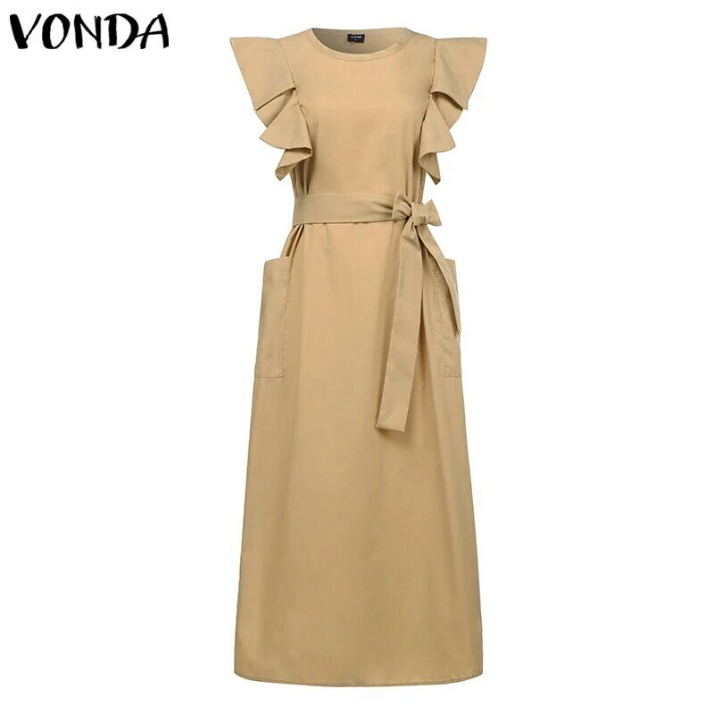여성 여름 드레스 2022 VONDA Belted Ruffled 민소매 캐주얼 섹시한 Sundress 보헤미안 파티 롱 드레스 Vestidos Plus Size 5XL