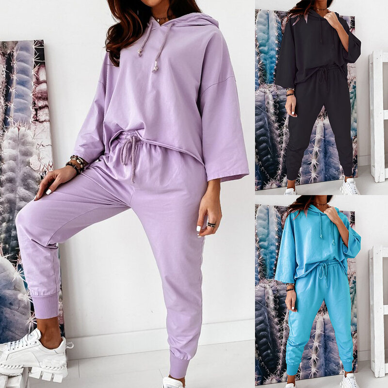 2020 Casual Solid Sleepwear Pyjamas Women Suit Hoodied Home Loose Soft Fashion Leisure Homewear Suit Autumn Winter