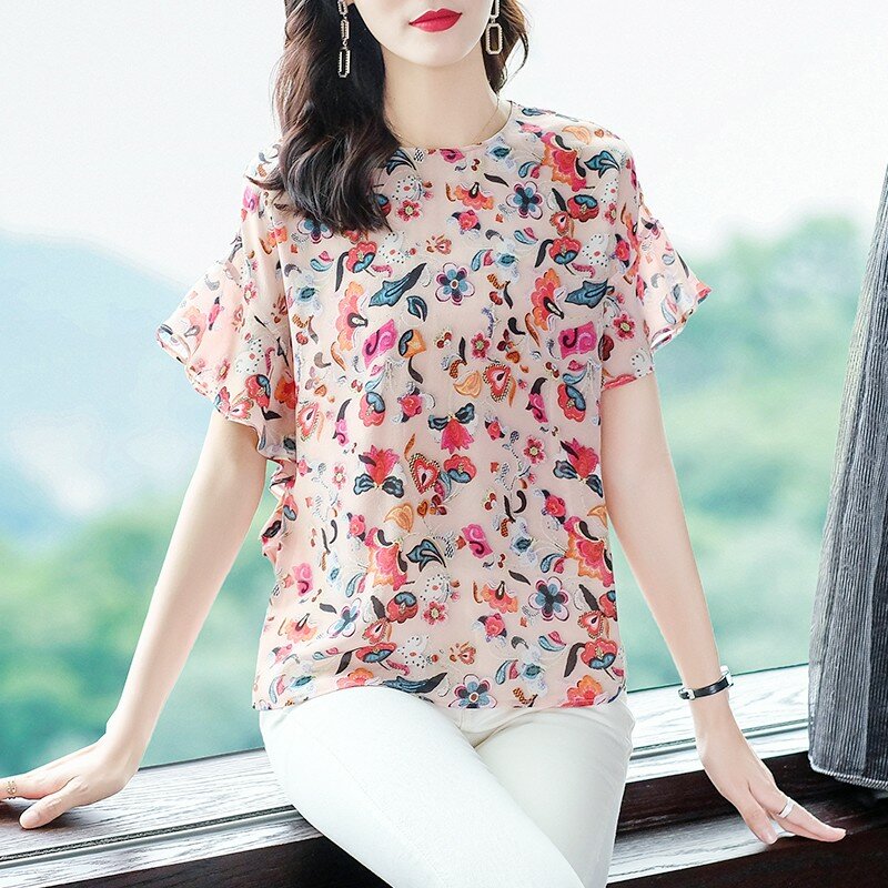 Yg-Camiseta estampada de seda para mujer, Blusa de manga corta con cuello redondo para mujer 2021