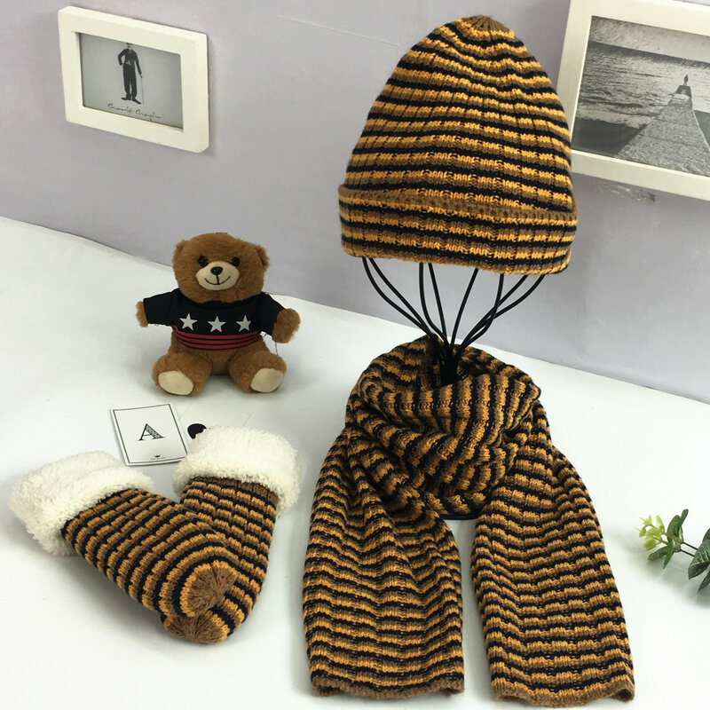 Scarf hat and gloves three-piece set Winter children's scarf hat and gloves set striped three-piece set for girl