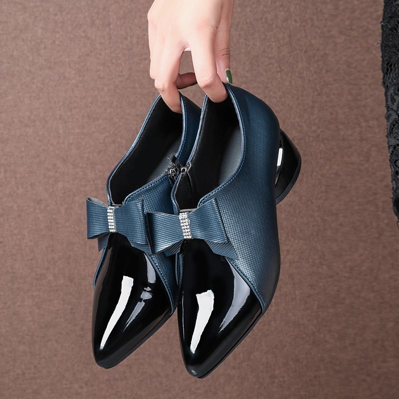 섹시한 펌프스 여성 신발, 버클 매듭 미드 힐, 봄/가을 특허 가죽 편안한 여성용 뾰족한 사무실 작업 지퍼 신발