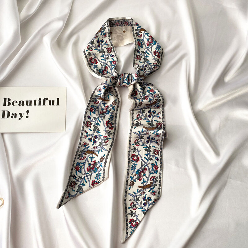 Bufanda cuadrada de seda pequeña de diseñador para mujer, pañuelo estampado estrecho a rayas largo, cinta para el pelo