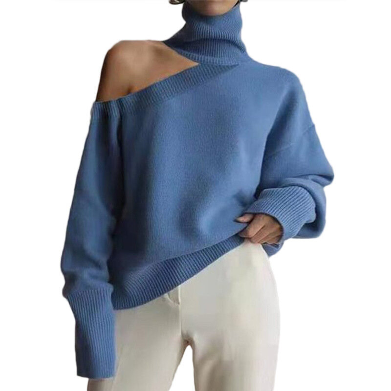 Sweter Atasan Kerah Tinggi Seksi Musim Gugur dan Musim Dingin Sweter Lengan Panjang Pullover Temperamen Mode Pakaian Wanita