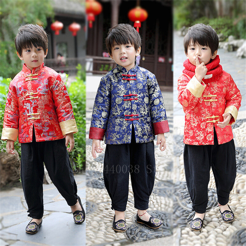 Новогодняя Китайская традиционная одежда для детей, праздничный ретро костюм для маленьких мальчиков с золотым Драконом, атласный костюм Тан, комплект из топа и брюк