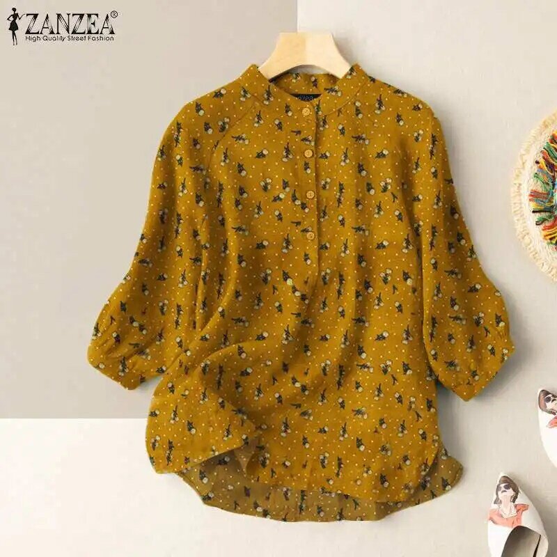 Feminino elegante casual túnica camisa zanzea vintage impresso topos moda feminina 3/4 manga blusa de botão oversize outono 2022