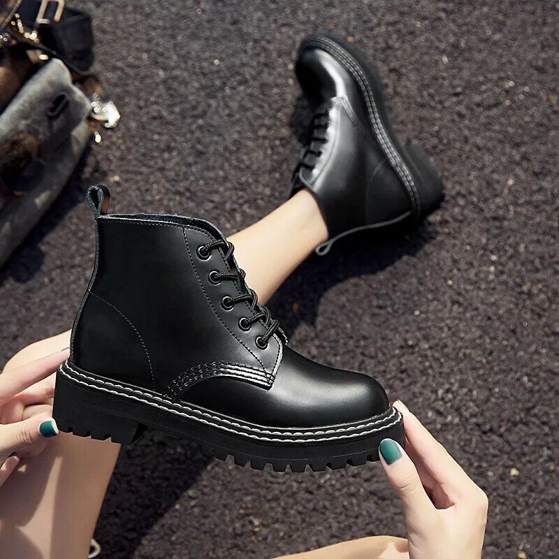 Женские ботинки до щиколотки, осень 2021, британская ветрозащитная обувь из натуральной кожи на толстом меху, женские короткие ботинки, мотоц...