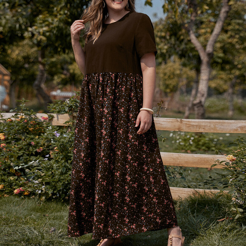 Gaun Musim Panas Wanita Gaun Print Fashion Gaun Panjang Sambungan Kasual Lengan Pendek Leher-o Gaun Sundress Kasual Ukuran Besar Baru Vestidos