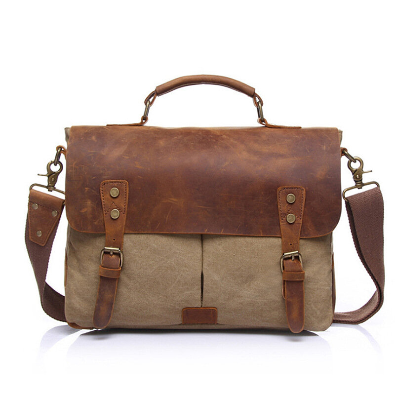 Retro Men's Briefcase Canvas Laptop Bag Crossbody Bag with Crazy Horse Leather