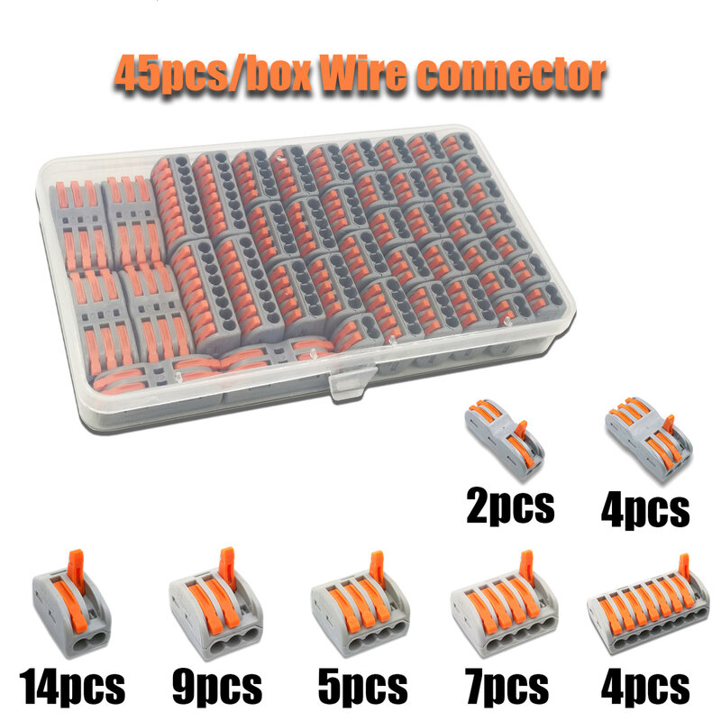 45pcs/box wire connector set box universal compact terminal block lighting wire connector for 3 room hybrid quick connector