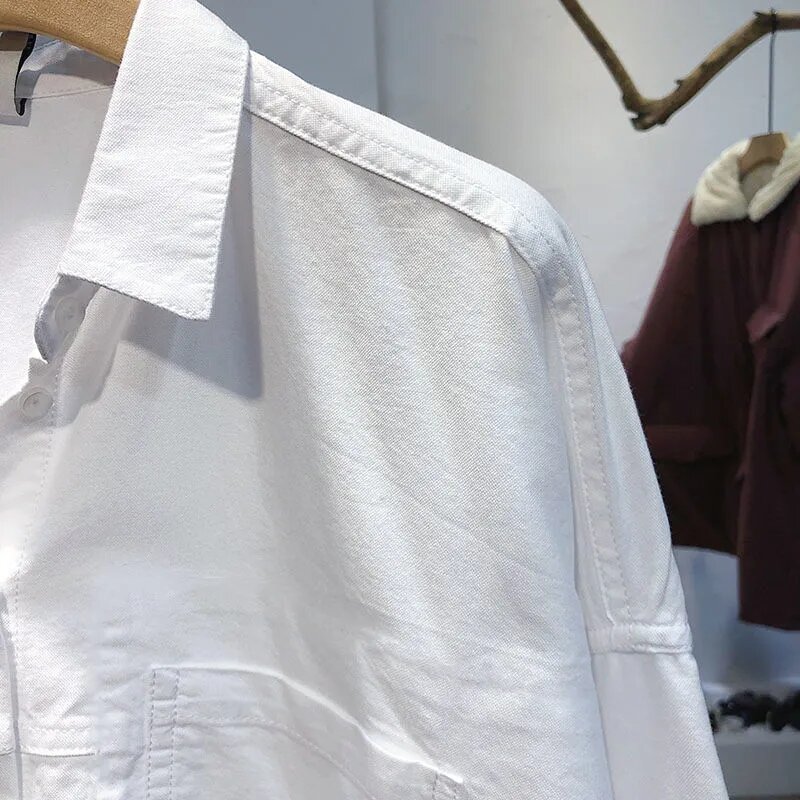 Oversize เสื้อผู้หญิง2022เกาหลีแฟชั่นคู่กระเป๋าเสื้อแขนยาวผ้าฝ้ายสีขาวเสื้อหญิงหลวม All-Match เสื้อ