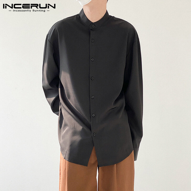 Blusa masculina de manga longa com gola alta, camisa vintage confortável com botão de cor sólida, botão incerun, primavera 2021