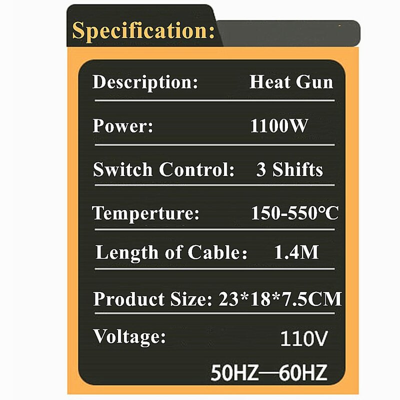 Potencia de pistola de calor 2000W con pistola de aire caliente 500 °C, protección de sobrecarga con 5 boquillas de Metal, envoltura/tubería retráctil, eliminación de pintura