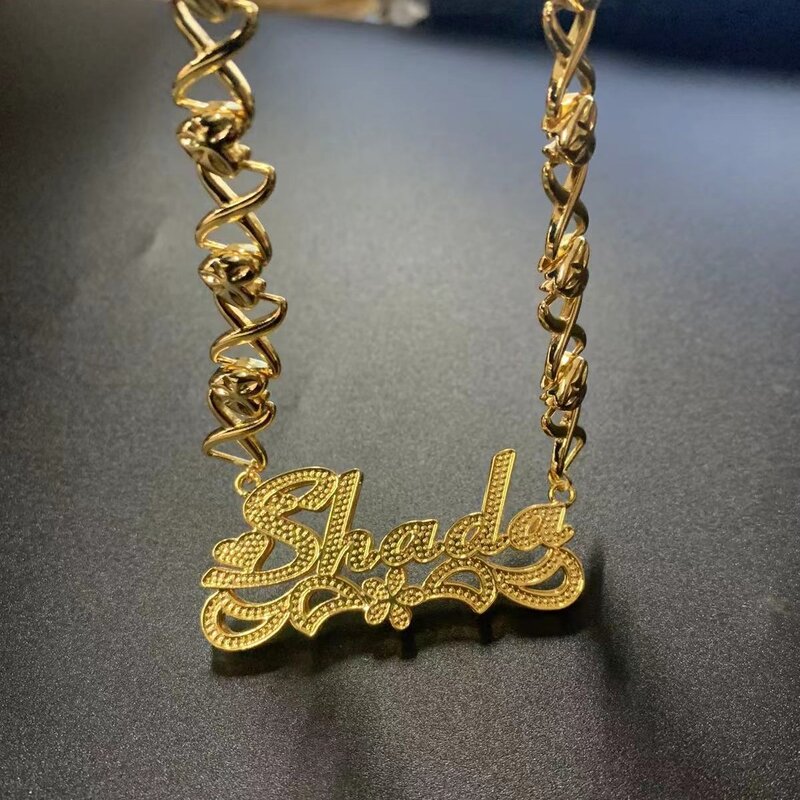 Collier Double couche personnalisé avec nom XOXO pour femmes, bijou en cuivre plaqué or, à personnaliser en 3D