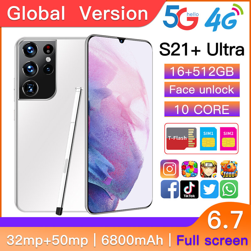 Смартфон Sansung S21 Ultra, 16 ГБ + Глобальная версия ГБ, 512 дюйма, Andriod 10, 32 МП, 50 МП, сканер лица, Snapdragon 6,7, 888, мобильный телефон