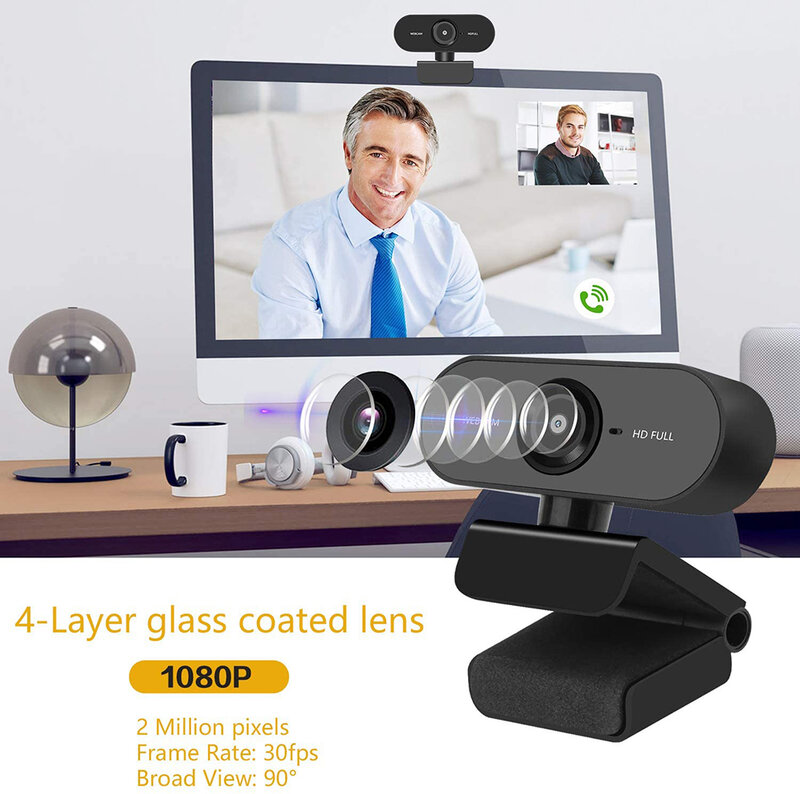 HD 1080P Webcam Built-in Dual Mics Smart Web Camera USB Pro Stream Camera for Desktop Laptops PC Game Cam For OS Windows10/8
