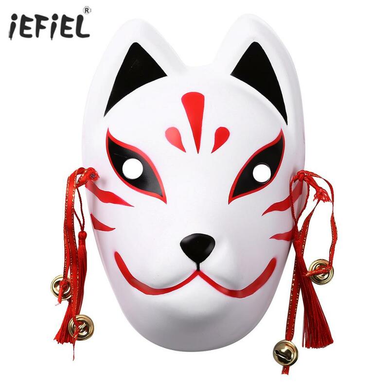 WEDFTGF Maschera per il viso con gatto giapponese con nappe piccole campane dipinte a mano Cosplay Anime Masquerade Party Dress Up
