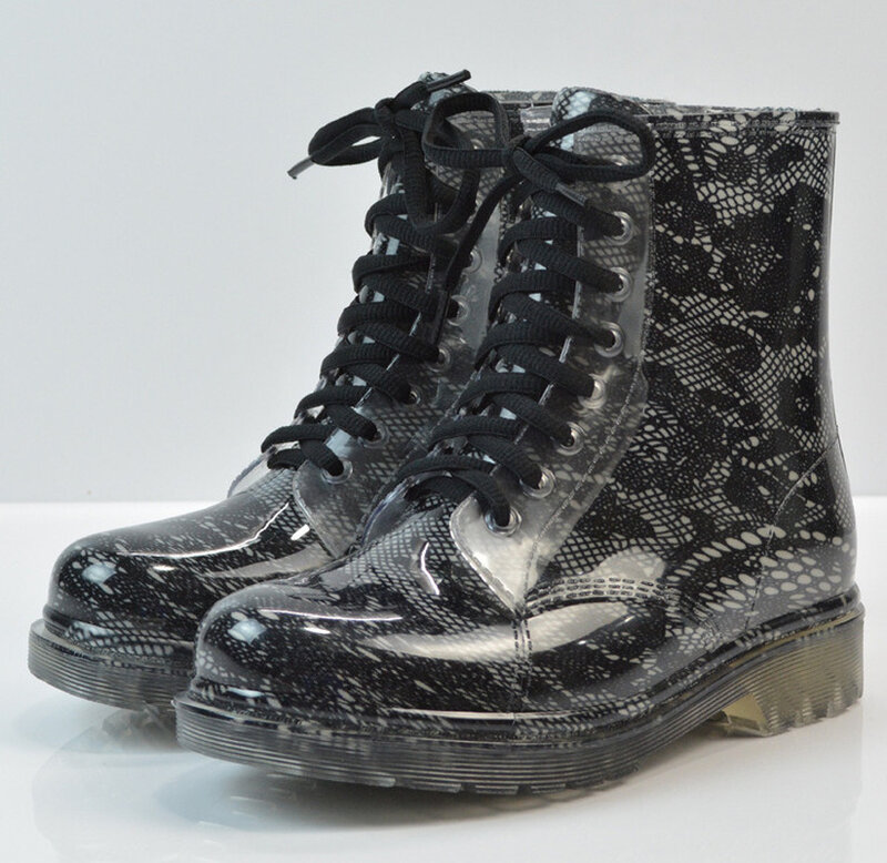 Novo outono feminino botas de chuva transparente à prova dwaterproof água colorido rainboots mulher leopardo impressão tornozelo botas rendas até sapatos de chuva 2022