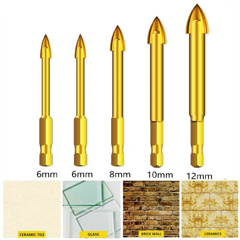 5pcs 6-12mm Titanium Ceramic Tile Marble Glass Drill Bits Cross Hex Spear Head Hole Opener Universal Drilling Tool For Wall