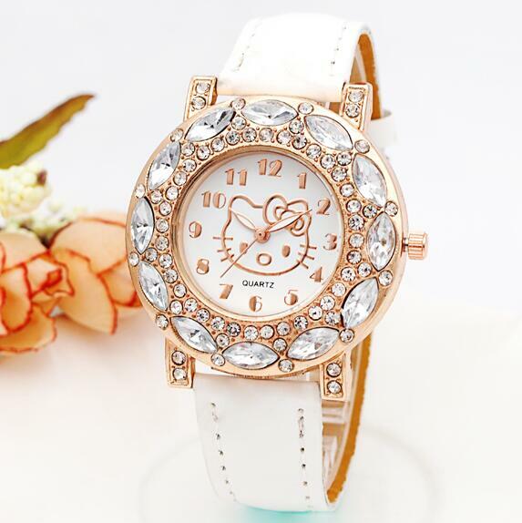 Модные брендовые кварцевые часы для девочек и женщин, наручные часы с кожаным ремешком и кристаллами, детские наручные часы, часы, часы