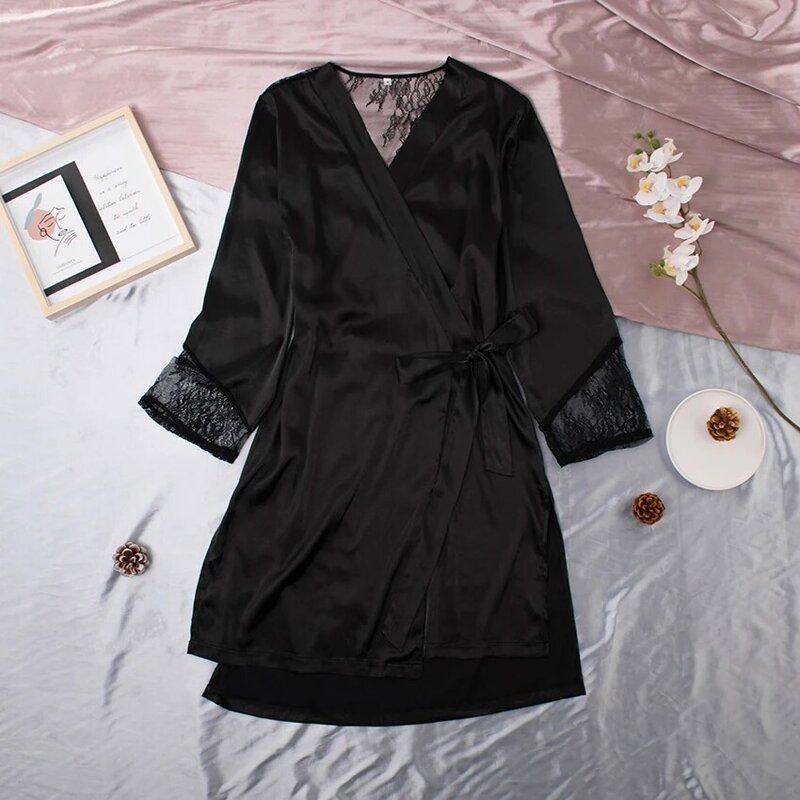 Черная кружевная Пижама HiLoc в стиле пэчворк, сатиновый домашний халат, женский халат с длинным рукавом, женское осеннее сексуальное ночное б...