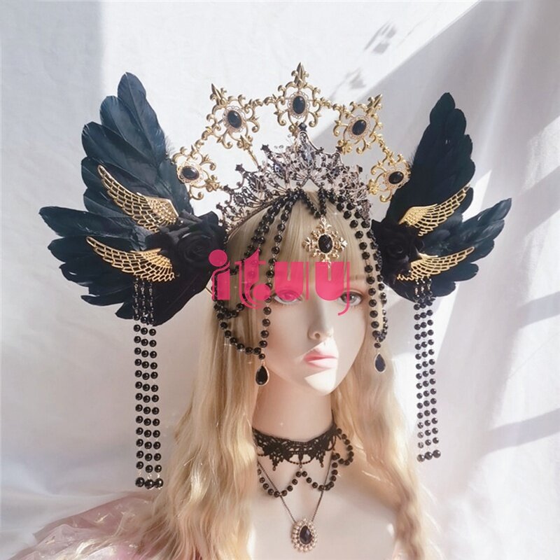 Lolita สีดำ Angel Wings Chain จี้เพิร์ล Halo Spiked Headdress Gothic Crown Gold Sunburst Halo แฟชั่น Goth Headpiece