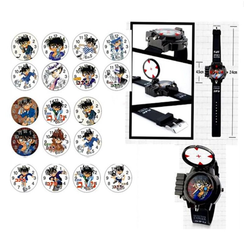 Popular anime cosplay relógio de quartzo detetive conan figura de ação pode lançar luz led marca detetive presente das crianças brinquedos