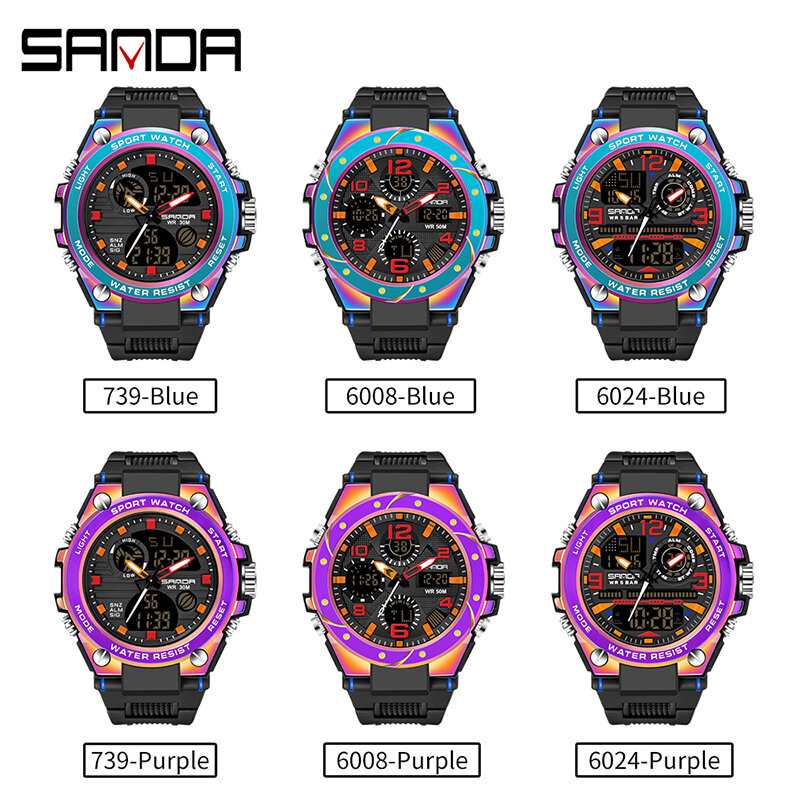 Часы SANDA Мужские кварцевые в стиле милитари, спортивные Водонепроницаемые светодиодные цифровые с двойным дисплеем, с симфонией