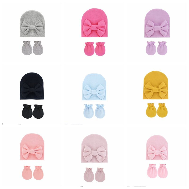 Newborn Soft Comfortable Cotton Hat and Golves Set Solid Color Bows Baby Caps Infant Anti-eat Hand Anti-Grab Face Protect Mitten