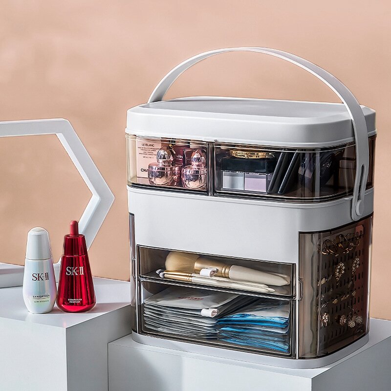 Cermin LED Kotak Penyimpanan Makeup Portabel Organizer Kosmetik Kotak Perhiasan Besar Make Up Lipstik Wadah Penyimpanan Kamar Mandi Kasus