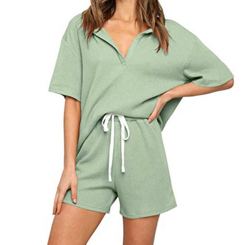 Summer new style women's half-sleeved solid color two-piece V-neck drawstring suit T-shirt shorts suit suitable for leisure
