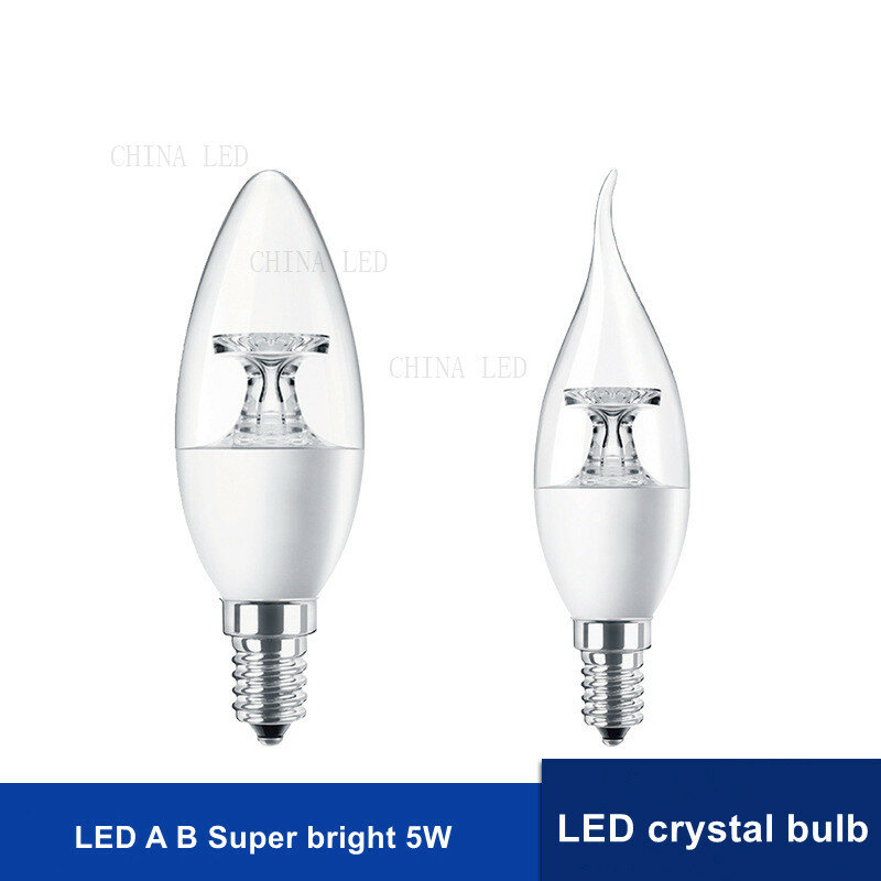 Vela de luz de led e27 e14, 5 peças ac110v 220v 5w cob lustre lâmpada de cristal transparente luz alta luminosidade c37