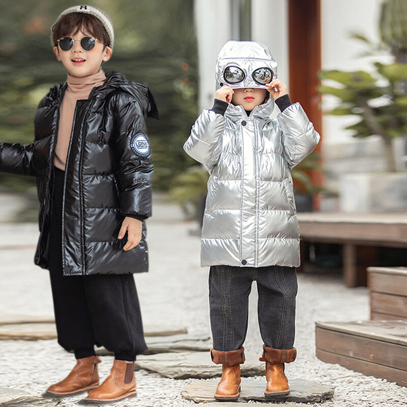 Dzieci uczennice zimowe kurtki dziecięce puchowe płaszcze bawełniane długość odzież dziecięca moda jasna skóra zagęścić kombinezony