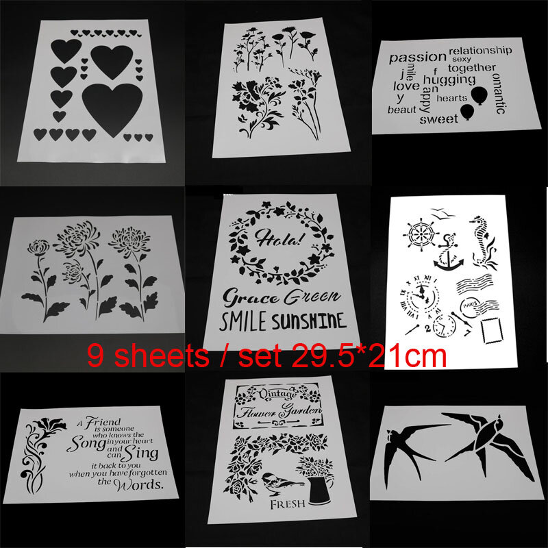 9Pc Letter จิตรกรรมแม่แบบ Stencil DIY Embossing อุปกรณ์เสริม Sjablonen Scrapbooking ตกแต่งอุปกรณ์สำนักงานโรงเรียน Reusable