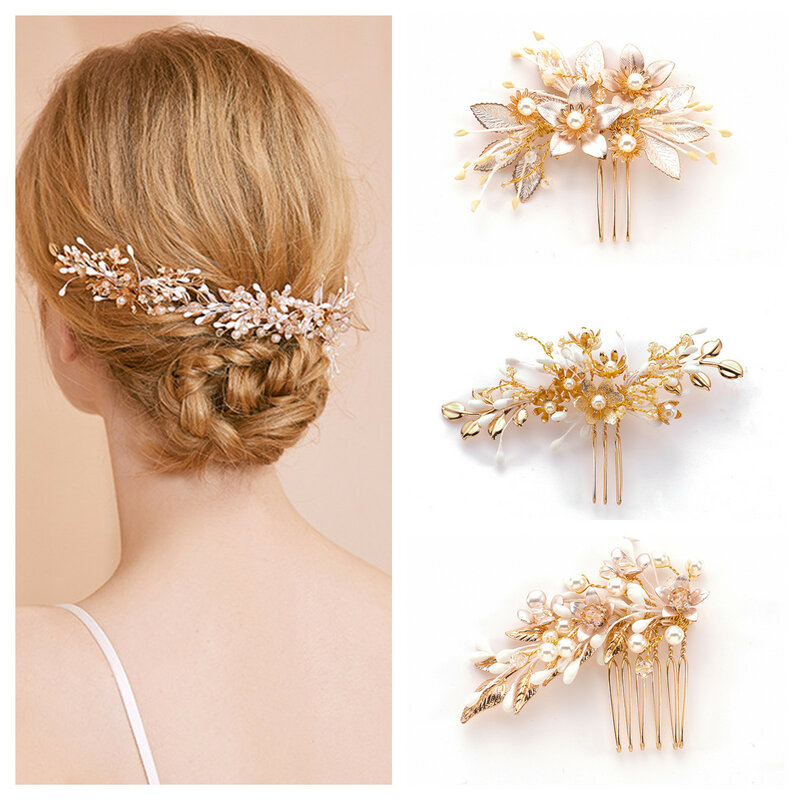 New Women Plated Pearl Hair Sticks Leaf Hairpins Rhinestone Tiara Bridal Clips Handmade Jewelry Gifts Fashion Hair Accessories
