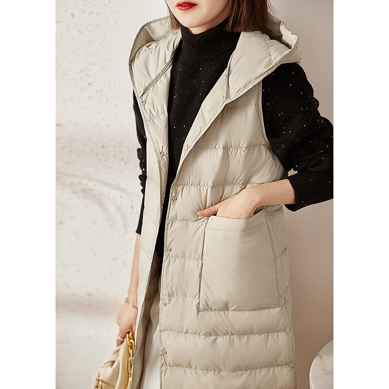 Novo estilo para baixo jaqueta colete feminino luz e fina 2021 pato branco para baixo forro base em camadas meados de comprimento com capuz exterior wear colete quente