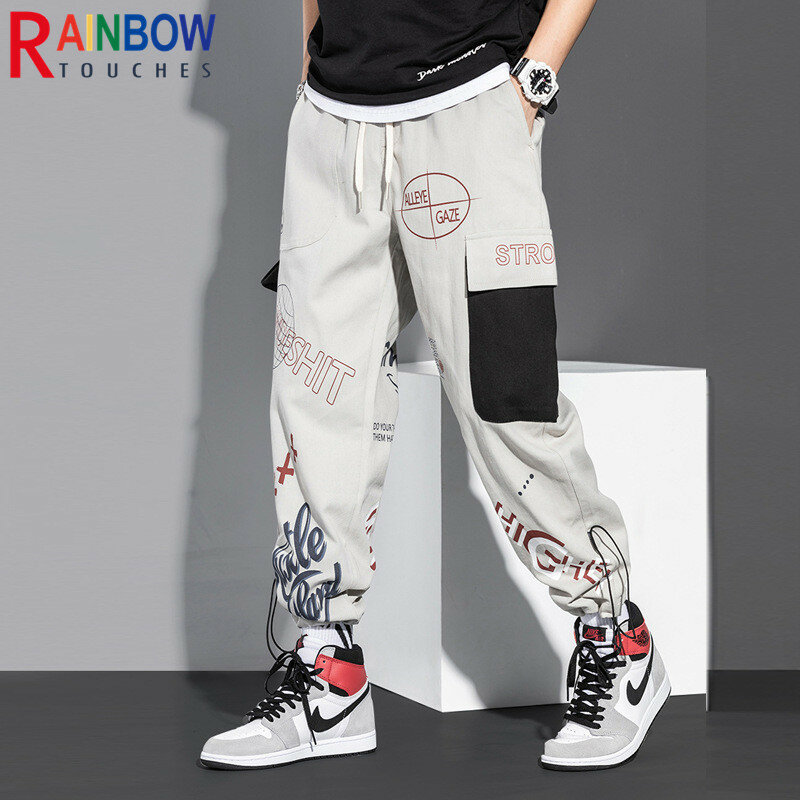 Rainbowtoques 2022 novos esportes solto treinamento fittness calças dos homens hip hop graffiti moda casual impressão recortada calças de carga