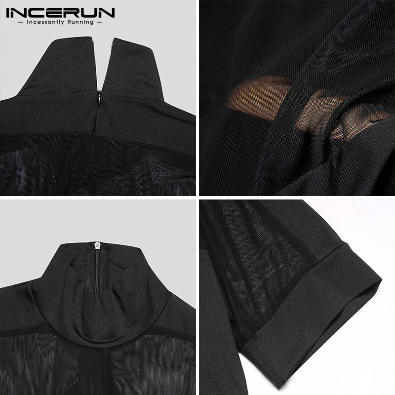 INCERUN Homewear Fashion Mens Sexy Leisure Short Turtleneck Solid Comfortable Splicing Breathable Mesh Sleeveless Bodysuit S-5XL