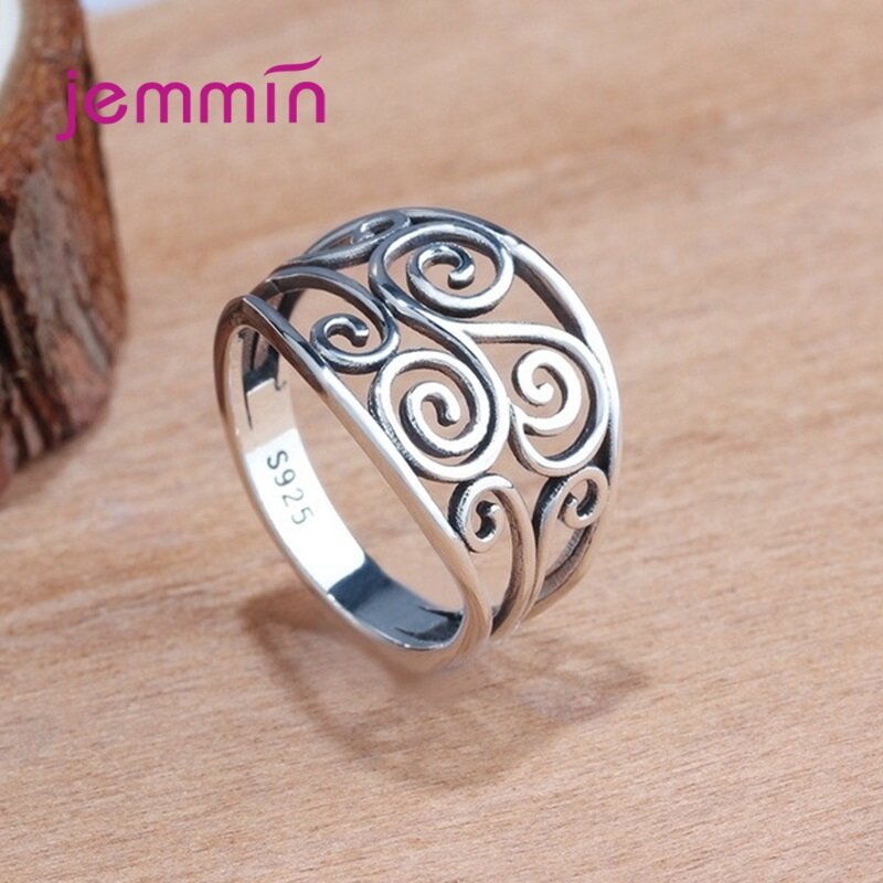 Anéis de dedo étnicos vazados com flor, estilo exclusivo para mulheres retrô 925, joia de prata esterlina, acessórios de estilo vintage