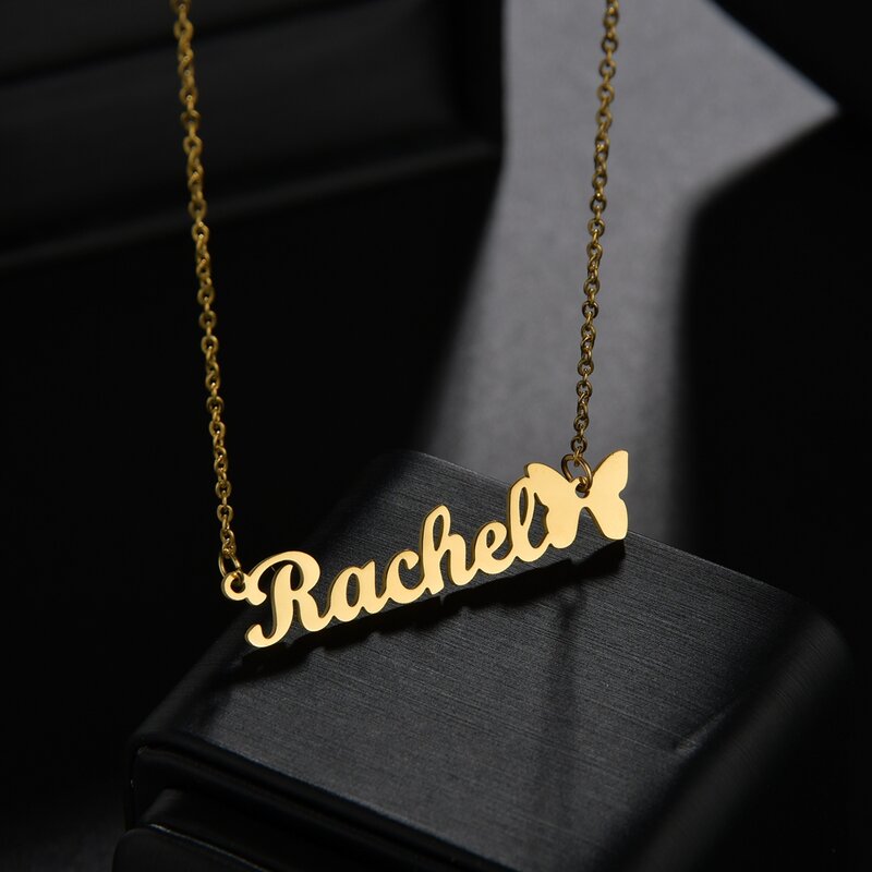 Acheerup – collier avec nom personnalisé pour femmes, pendentif en chaîne papillon, lettres personnalisées, bijoux en acier inoxydable, plaque nominative, cadeau pour femmes