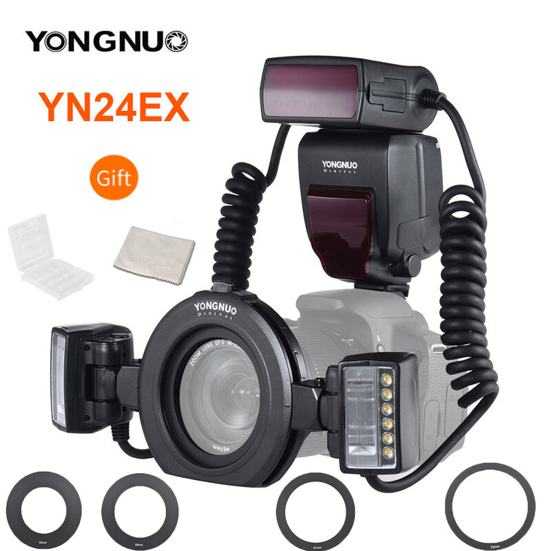 YONGNUO Speedlite Flash E-TTL Cincin Makro YN24EX YN24 EX dengan 2 Buah Kepala Flash 4 Buah Cincin Adaptor untuk Kamera Canon EOS 5D3