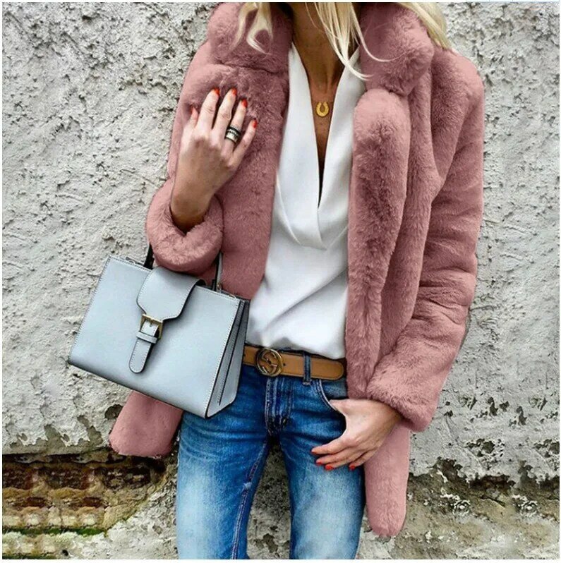 2021 Women Faux Fur Coats Winter Solid Fashion Open Point Outwear Female Luxury Long Sleeve Warm Thick Fluffy Jacket Coat