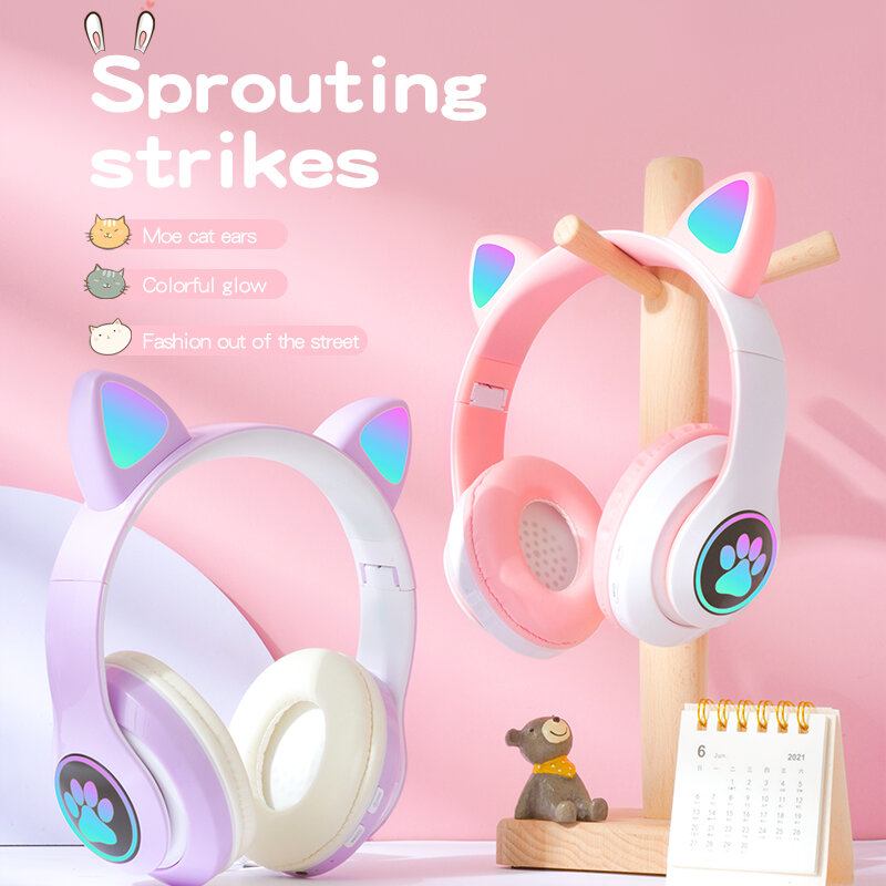 Auriculares Bluetooth con orejas de gato para niños y niñas, cascos inalámbricos con Flash LED, con música, tarjeta TF, para videojuegos, con micrófono, regalo
