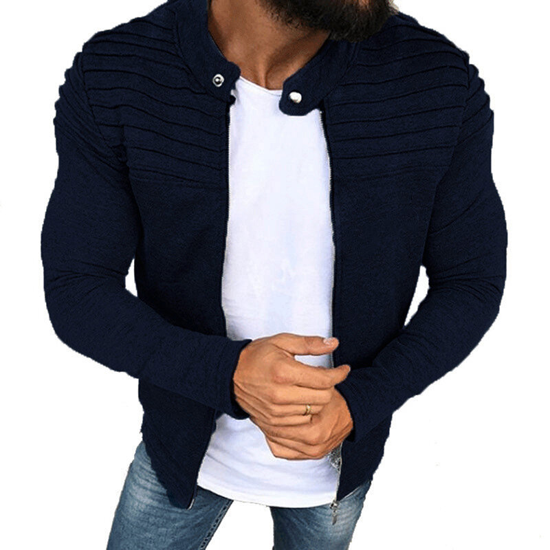 Sports Casual Men Jacket Men's Autumn Pleats Slim Stripe Fit Jacket Zipper Long Sleeve Coat Cardigan Coat