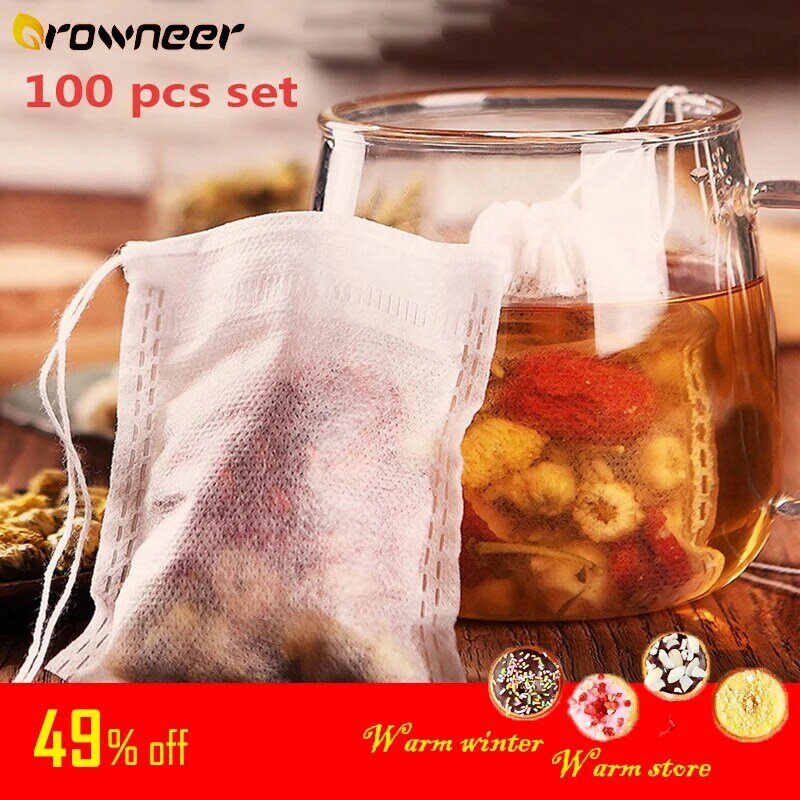 Juego de coladores de té vacíos bolsa de bolsitas de té con cordón, filtro de sellado desechable, bolsas de café, té, hierbas aromáticas, 100 unidades