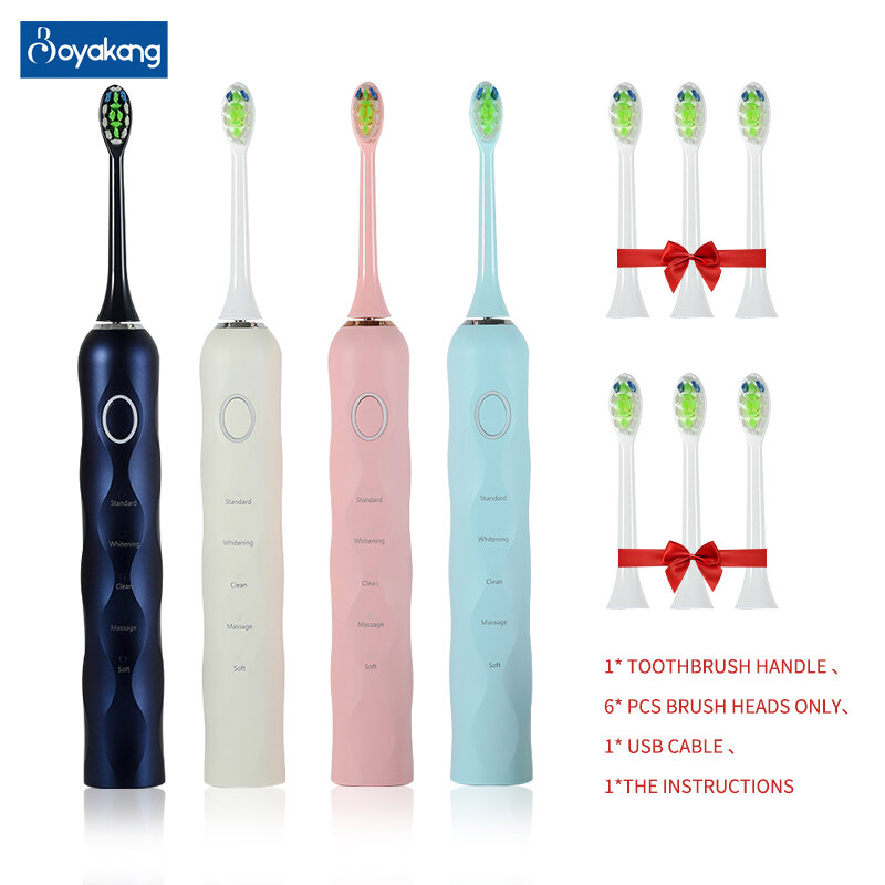 Boyakang inteligente sonic escova de dentes elétrica recarregável 5 modos inteligente timing ipx8 impermeável dupont bristlestype-c carregamento