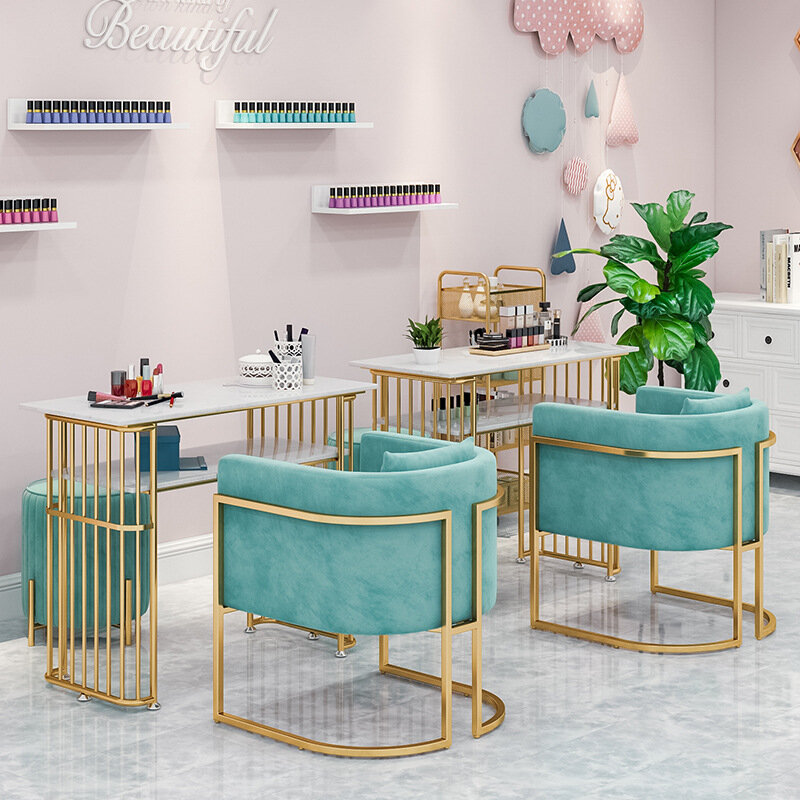 Mesa de manicure e salão de beleza, estrutura de luxo, estilo nórdico, conjunto de cadeiras, mesa dupla de mármore