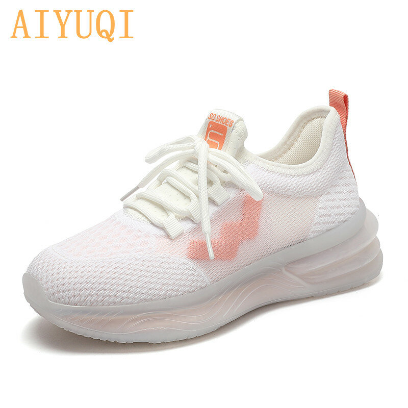 Sapatos aiyuqi brancos para mulheres, tênis casual feminino, respirável e de malha com sola grossa, sapato para o verão de 2021