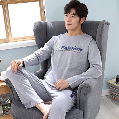 Pijama masculino de manga longa, conjunto de roupa para dormir casual com fundo de algodão para homens, outono 2021