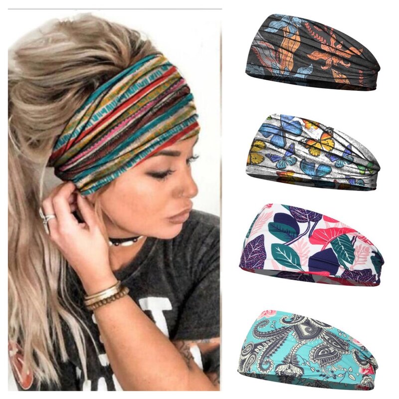 ผู้หญิงผมวง Headband โบฮีเมียนกีฬา Run ผ้าพันแผลสาวแถบคาดศีรษะกว้างพิมพ์กว้าง Headwrap Headpiece Hairband สุภาพสตรี