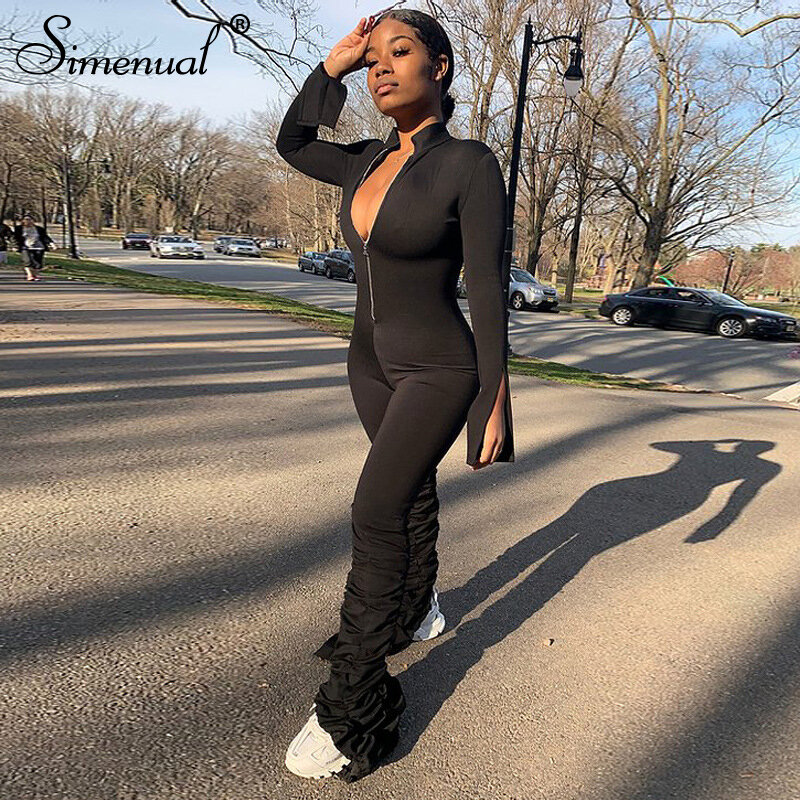 Simenual Zipper czarne ułożone spodnie kombinezony z długim rękawem Bodycon na co dzień sportowy trening moda pajacyki kobiety kombinezon Ruched